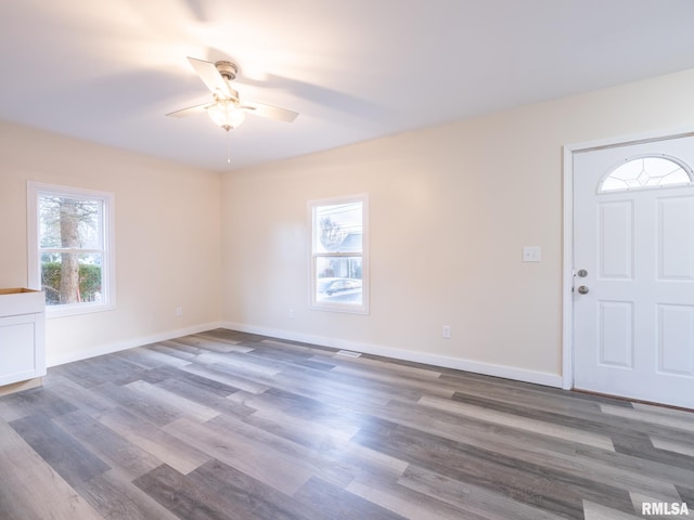 entrance foyer featuring wood-type flooring and ceiling fan