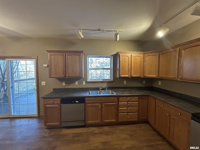 kitchen featuring dishwasher, dark hardwood / wood-style floors, and sink