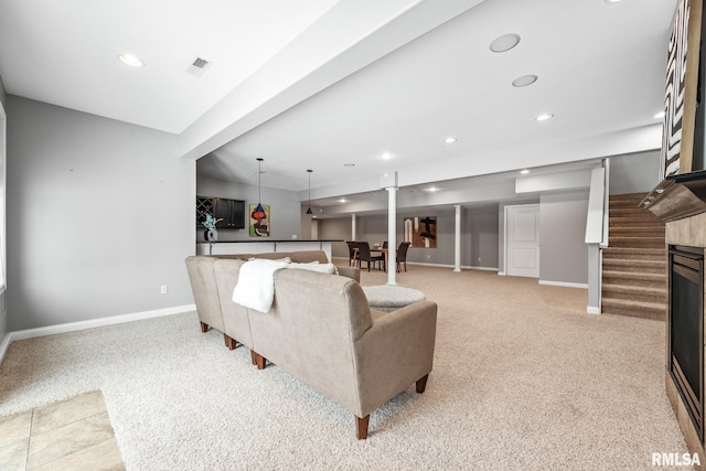 living room featuring light colored carpet