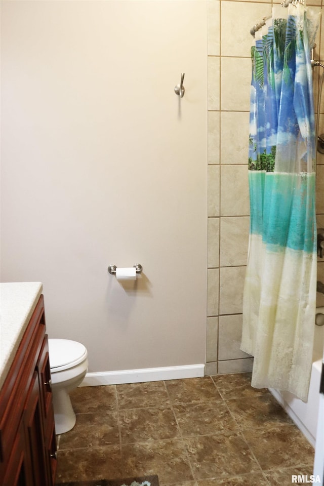 full bathroom featuring vanity, toilet, and shower / bathtub combination with curtain