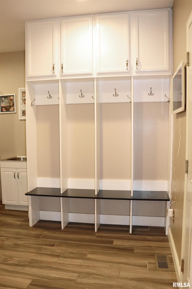 mudroom featuring dark wood-type flooring