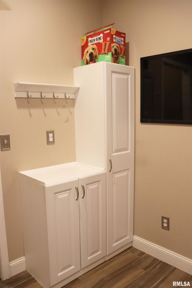 laundry room with dark wood-type flooring