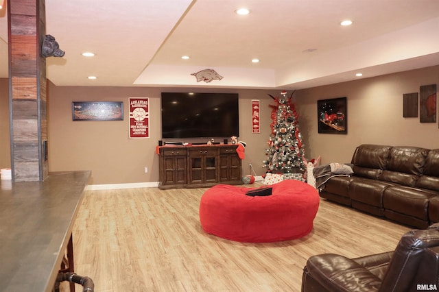 living room with light wood-type flooring and a tray ceiling