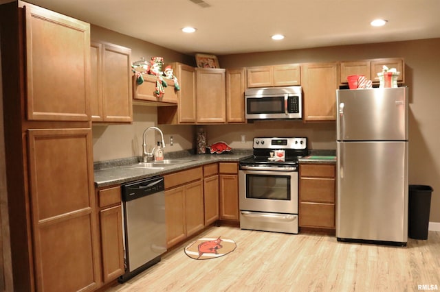 kitchen featuring sink, appliances with stainless steel finishes, and light hardwood / wood-style flooring