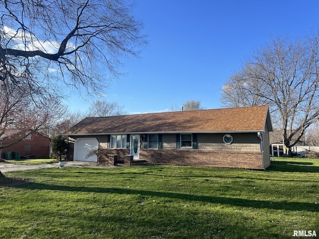 single story home featuring a front yard and a garage