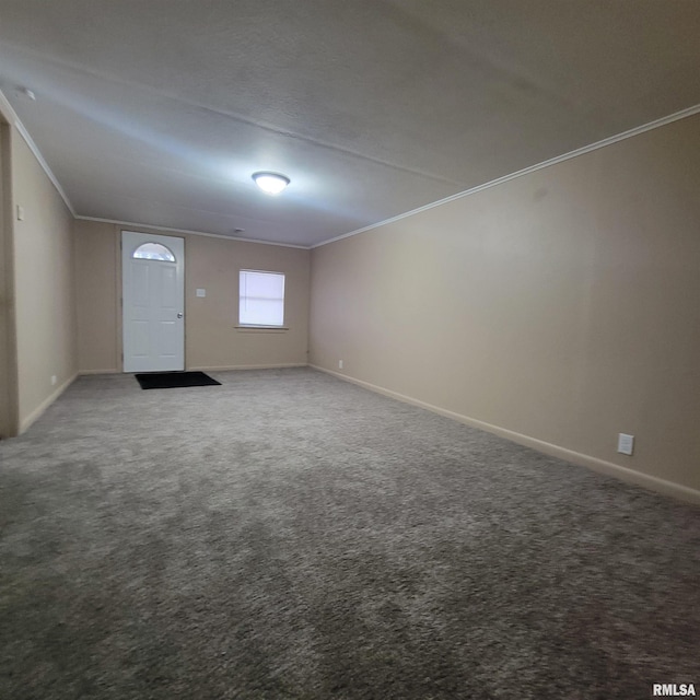 interior space featuring carpet and crown molding