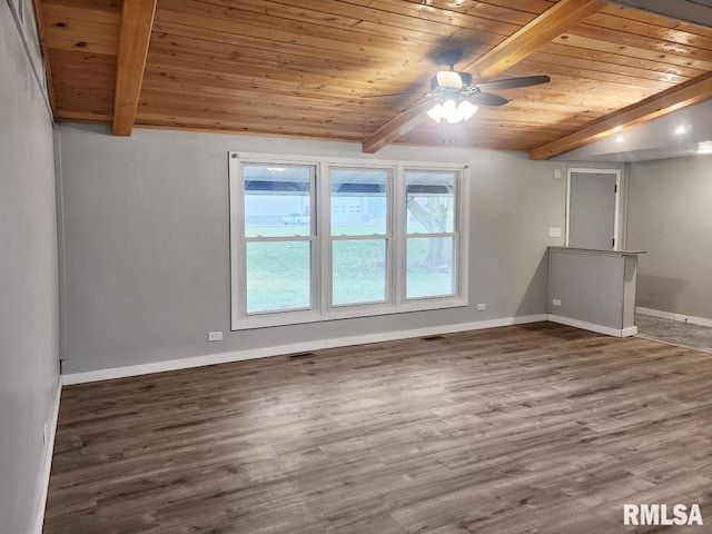 spare room featuring hardwood / wood-style floors, ceiling fan, beam ceiling, and wood ceiling