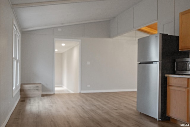 kitchen with lofted ceiling, stainless steel appliances, and light hardwood / wood-style flooring