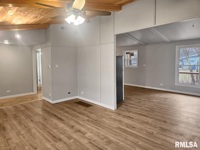 interior space with hardwood / wood-style floors, ceiling fan, a healthy amount of sunlight, and beam ceiling