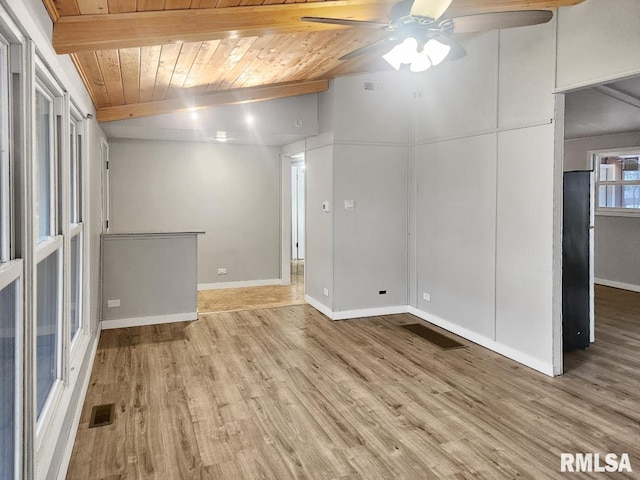 empty room featuring vaulted ceiling with beams, ceiling fan, wood ceiling, and light hardwood / wood-style flooring