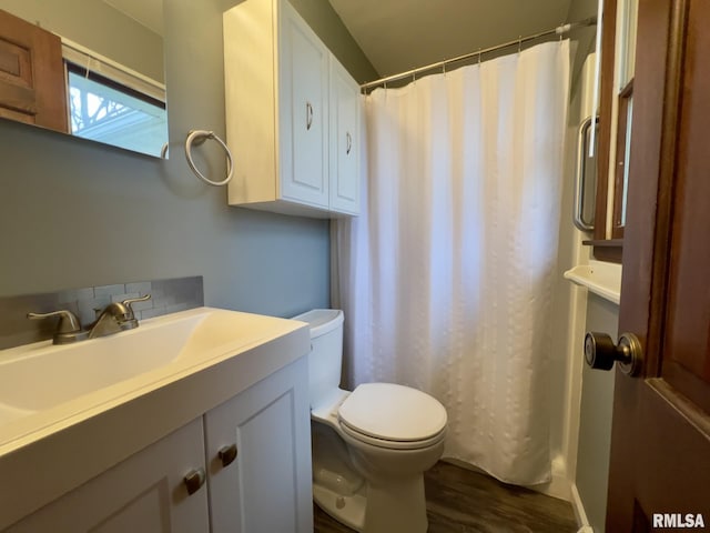 bathroom featuring decorative backsplash, wood-type flooring, vanity, and toilet