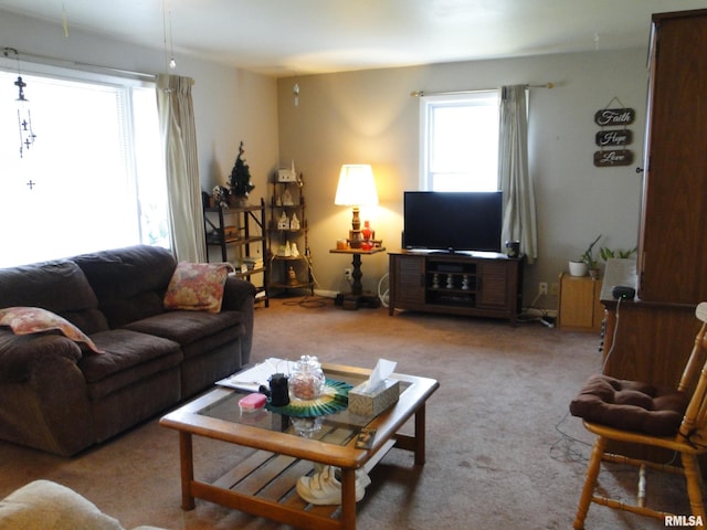 living room featuring light colored carpet