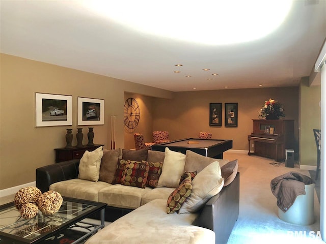 living room with carpet floors and billiards