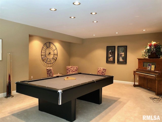 recreation room with light colored carpet and pool table