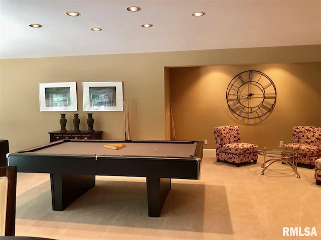 rec room featuring light carpet and billiards