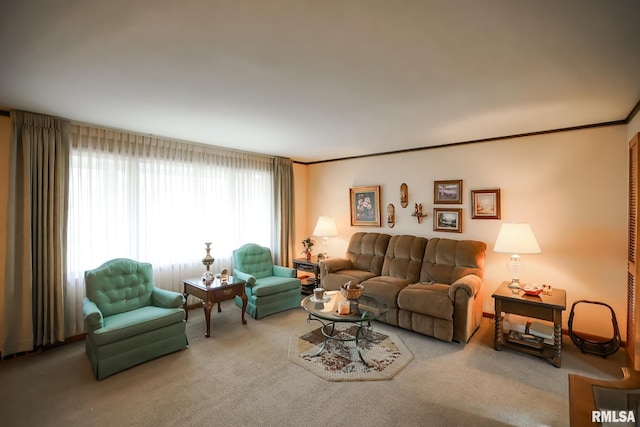 living room with carpet, a healthy amount of sunlight, and ornamental molding