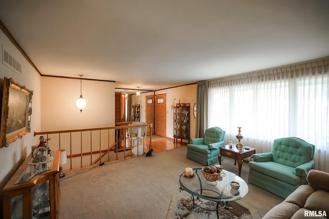 carpeted living room featuring crown molding