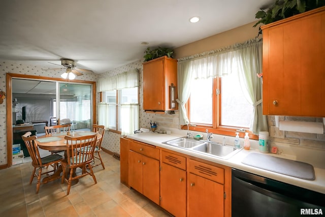 kitchen with stainless steel dishwasher, ceiling fan, and sink