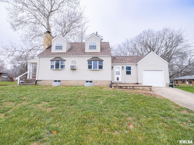 cape cod-style house with a front yard, a garage, and central air condition unit