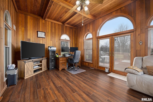 office area featuring beamed ceiling, french doors, a wealth of natural light, and wood ceiling