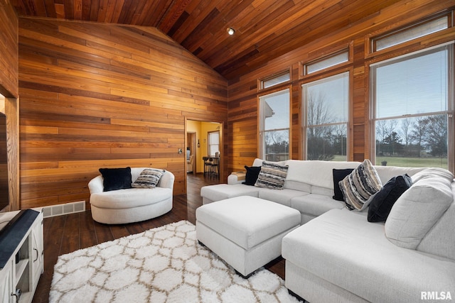 living room with wood walls, hardwood / wood-style floors, wood ceiling, and vaulted ceiling