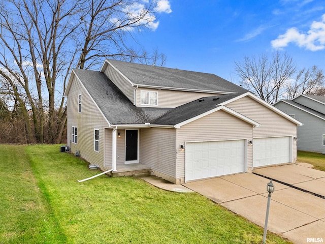 front facade with a front yard, a garage, and cooling unit