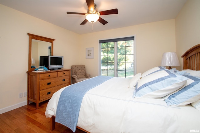 bedroom with ceiling fan and wood-type flooring