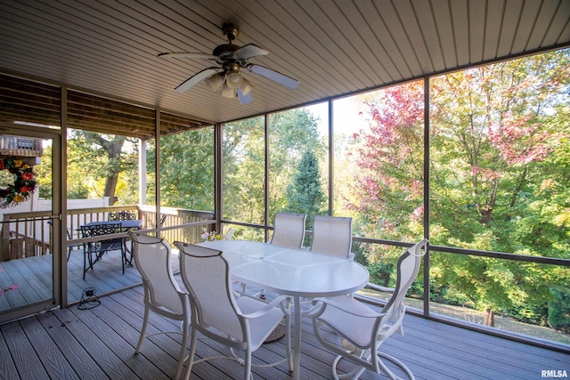 sunroom featuring ceiling fan