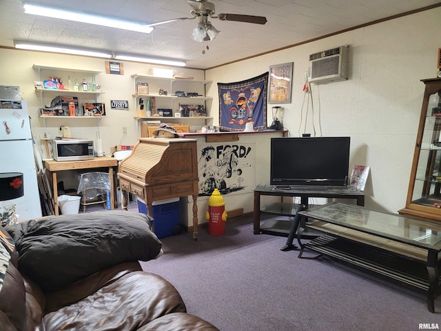 interior space featuring a wall mounted AC, crown molding, and ceiling fan