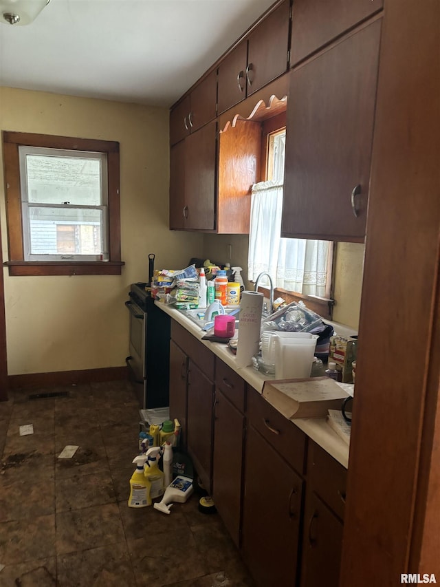 kitchen with dark brown cabinetry and a healthy amount of sunlight