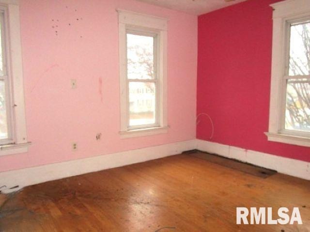 unfurnished room with wood-type flooring and a healthy amount of sunlight