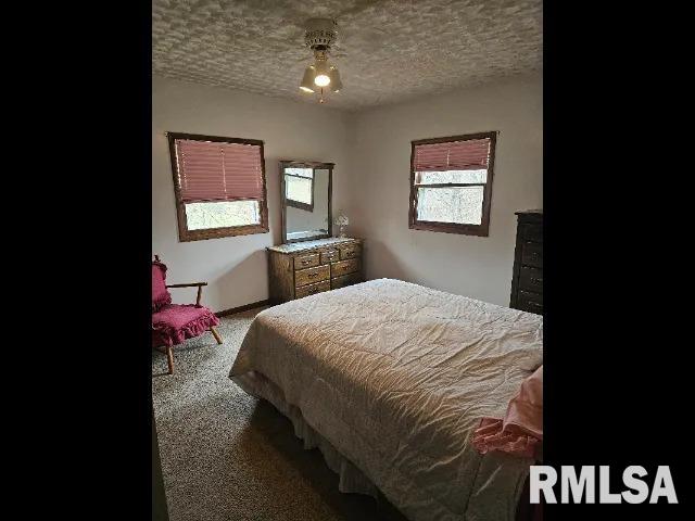 carpeted bedroom featuring a textured ceiling