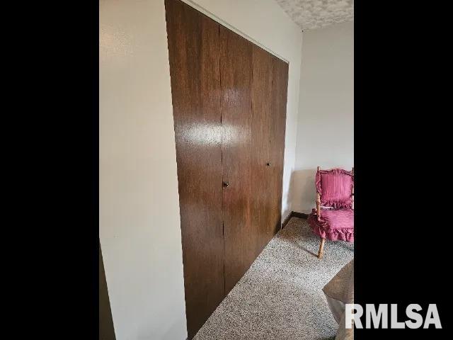 interior space with carpet floors and a textured ceiling