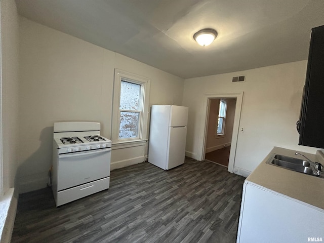 kitchen featuring sink, dark hardwood / wood-style floors, and white appliances