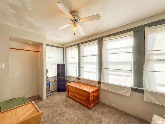 interior space featuring light colored carpet and ceiling fan