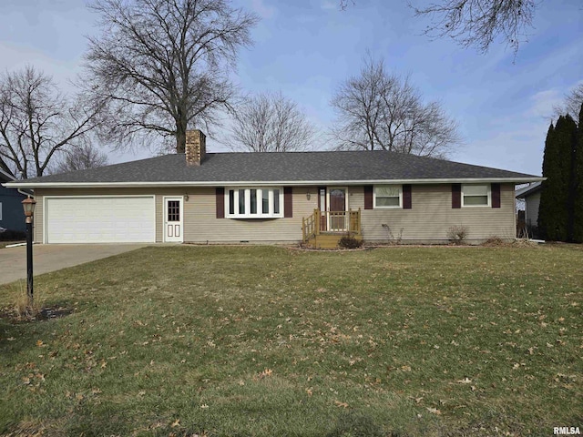 ranch-style house featuring a garage and a front yard