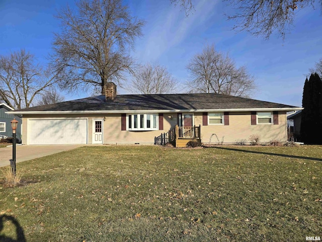 single story home with a garage and a front lawn