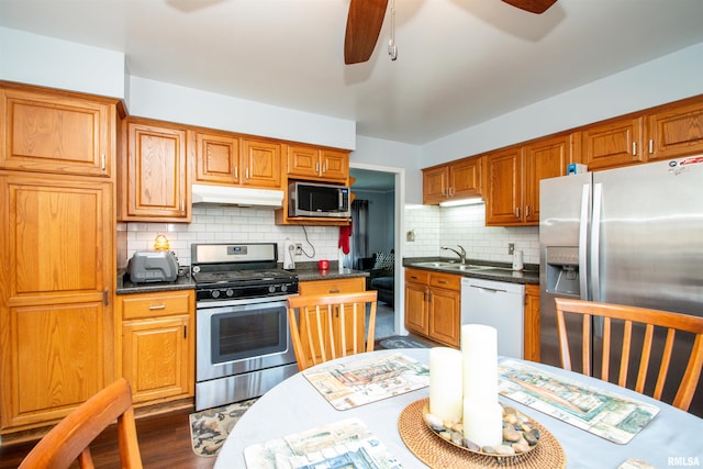 kitchen featuring decorative backsplash, stainless steel appliances, ceiling fan, and sink