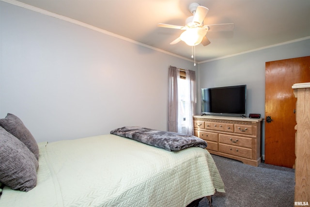 carpeted bedroom featuring ceiling fan and crown molding