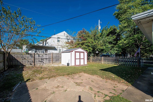 view of yard featuring a patio area and a storage shed