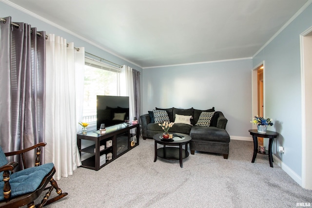 carpeted living room featuring crown molding