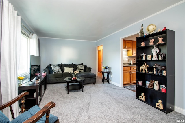 carpeted living room featuring crown molding