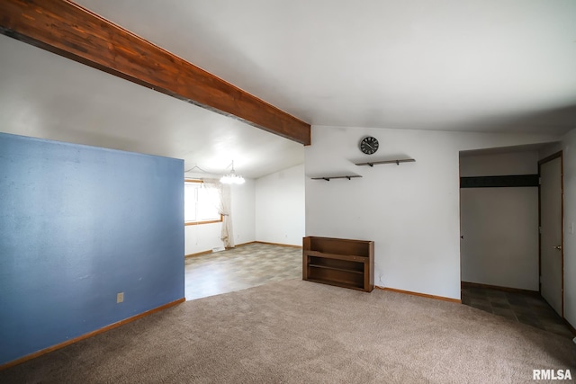 interior space featuring a chandelier and lofted ceiling with beams