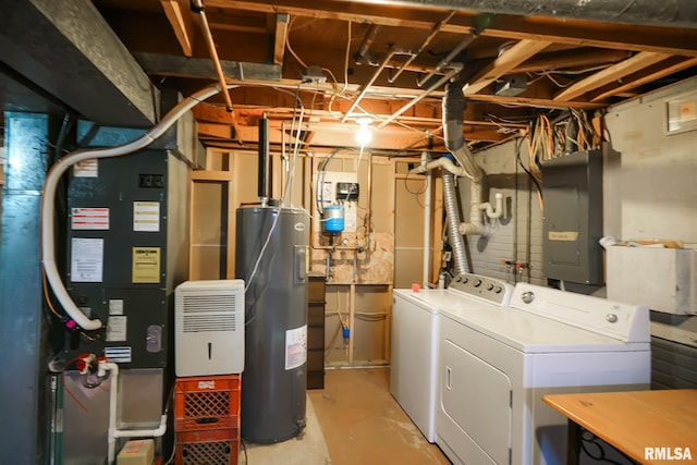 interior space featuring washing machine and dryer, electric water heater, electric panel, and heating unit