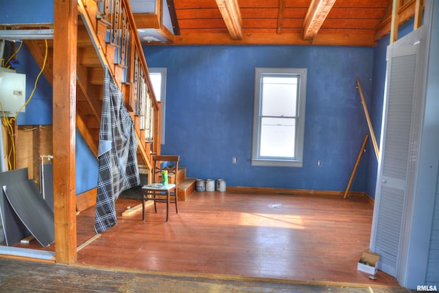 misc room featuring wooden ceiling and hardwood / wood-style flooring