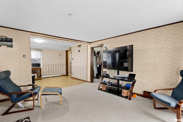 carpeted living room featuring crown molding and a baseboard heating unit