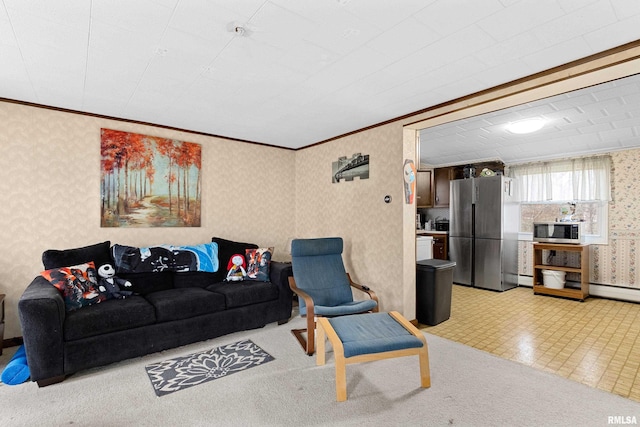 living room with ornamental molding