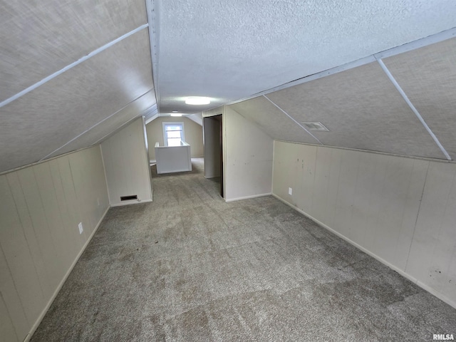 additional living space with lofted ceiling, carpet floors, and a textured ceiling