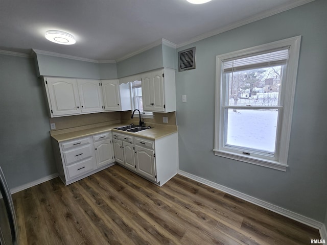 kitchen with white cabinets, dark hardwood / wood-style flooring, and sink