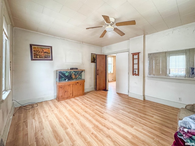 living room with ceiling fan and light hardwood / wood-style flooring